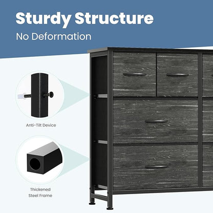 DUMOS TV Stand, Dresser with 8 Fabric Drawers, Spacious Storage Tower for Closet, TV Stand with Wood Top and Mental Frame, Storage Unit for Living Rooms, Bedroom and Entryway, Wood Black