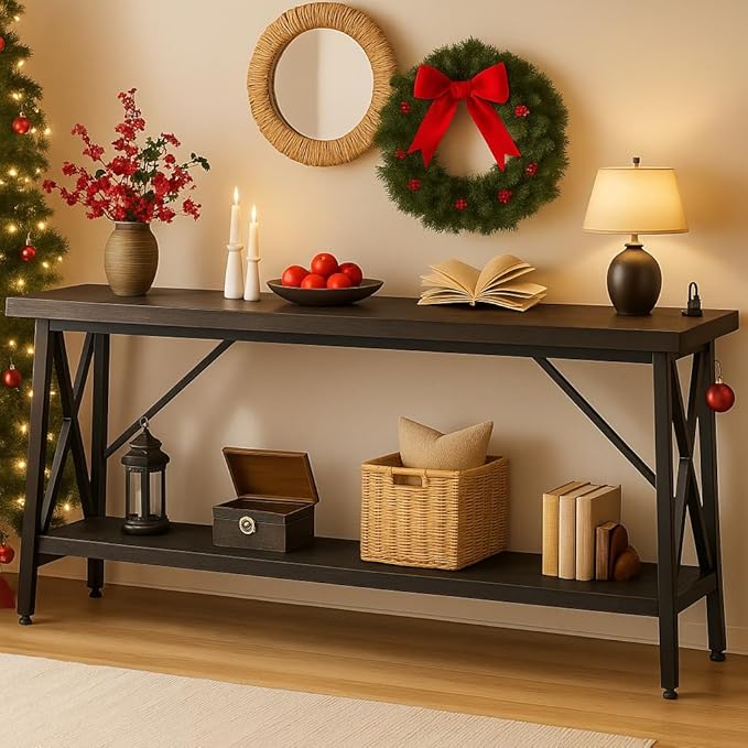 Homieasy 70.9 Inch Console Table, Industrial Sofa Table Behind Couch with Charging Station & Storage Shelf, Entryway Table for Living Room & Entryway, Grey