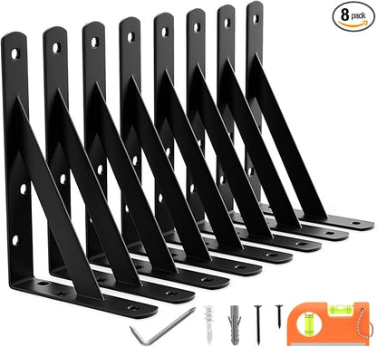 8-Pack 7 Inch Heavy Duty Shelf Brackets, Large Floating Wall Bracket for Garage Storage Shelves, Black Powder-Coated Finish, Load Capacity 800lbs
