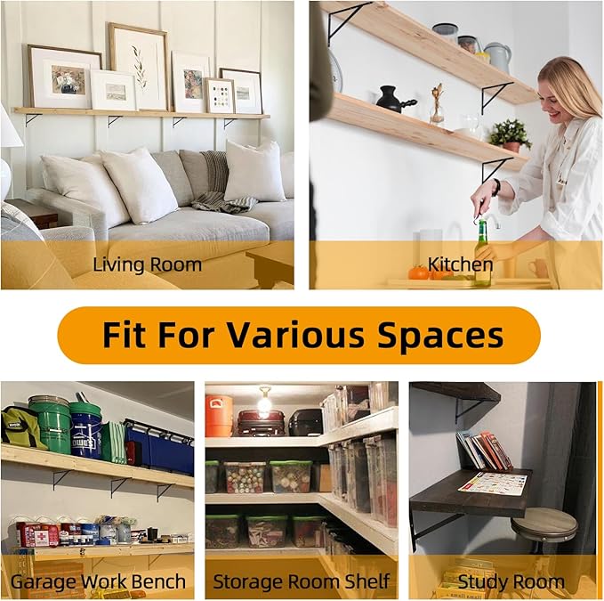 Heavy Duty Shelf Brackets 12 x 8 inch, 6 Pack Wall Shelf Brackets with 90 Degree Triangle, Black Metal L Brackets, Shelves L Brackets(300x190mm)