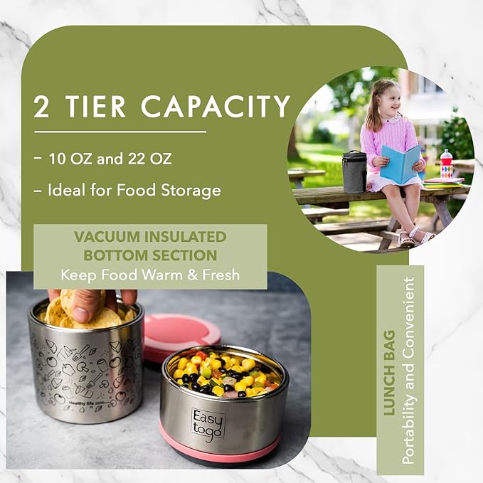 2-Tier Stainless Steel Lunch Box – 32oz Insulated Stackable Food Container – Portable Thermal Bento Box for Adults, Men & Women – Blue