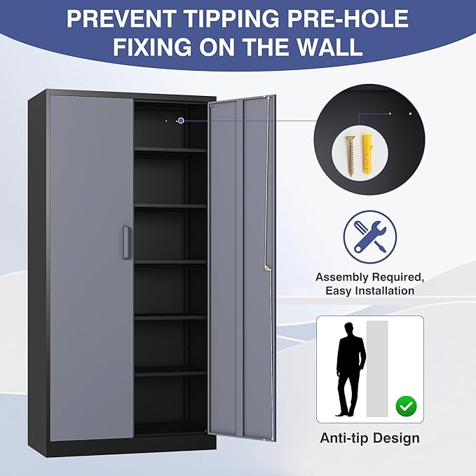 72" Metal Locker Storage Cabinet,72" Tall Locking Cabinet with Doors and Adjustbale Shelves,File Cabinets for Basement,Garage,Home Office