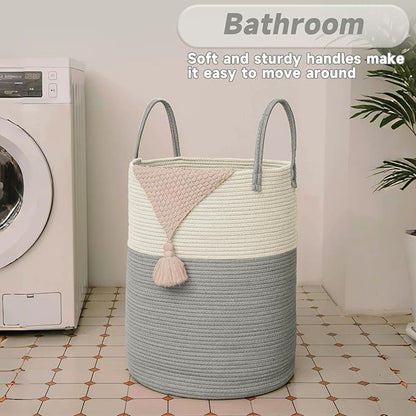 Large Woven Laundry Basket Hamper,100L Cotton Rope Storage Bin for Blankets,Toys and Clothes,Decorative Tall Nursery Hamper for Living Room,Baby Nursery,Bathroom and Bedroom,White and Grey