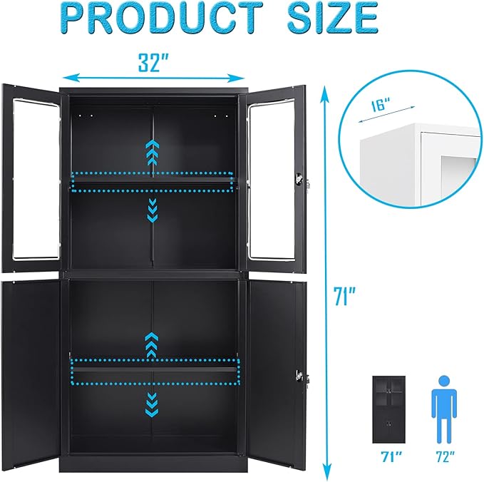 Letaya Storage Cabinet with Doors and Shelves,71" Steel Locker Acrylic Glass Door with Lock, for School Home Office