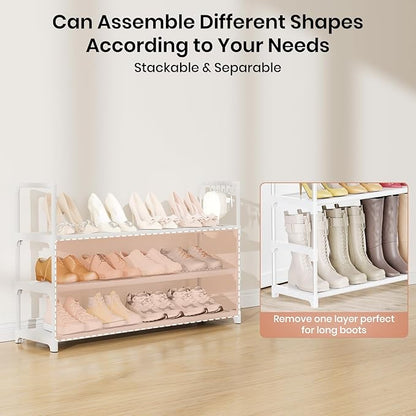 Shoe Rack for Closet Shoe Organizer Space Saver Storage for 12-15 Pair Shoe Shelf with Hook Free Standing 3 Tier Shoe Rack Organizer for Entryway, Small Spaces, White