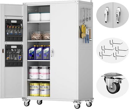 SUXXAN 2025 Upgraded Wide & Deep Garage Storage Cabinet with Wheels, Lockable Metal Storage Cabinet with Pegboards and 9 Hooks, 2 Tool Pouches for Garage,4 Adjustable Shelves