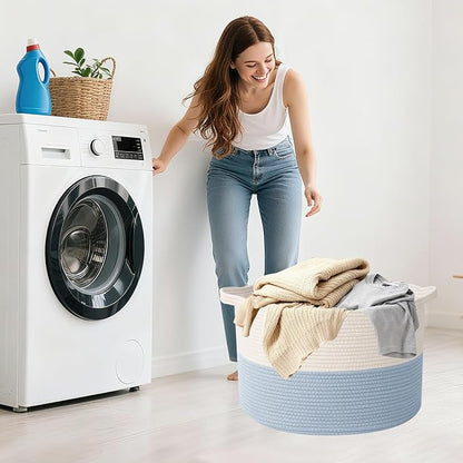 115L Large Blanket Basket,23.6" L x 23.6" W x 15.7" H Rope Woven Baskets with Handles, Toys Storage Bins,Laundry Basket Perfect for Living Room, Nursery,Bedroom,Home Organization,White&Blue