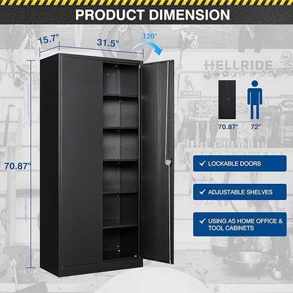 Metal Storage Cabinet-71” Tall Steel File Cabinets with Lockable Doors and Adjustable Shelves-Black Steel Storage Cabinet for Home,Kitchen, School, Office, Garage