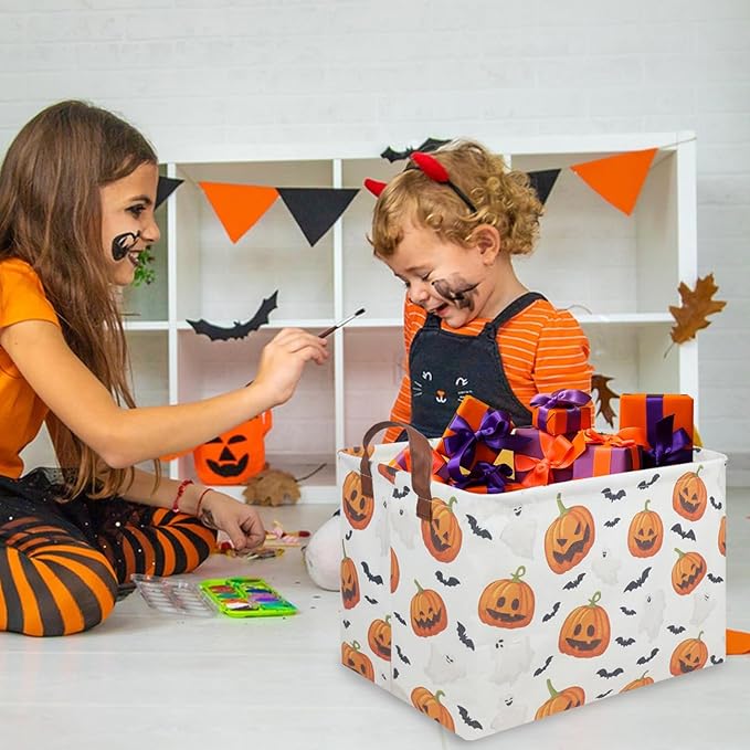 Rectangular Halloween Basket,Halloween ghost storage basket Collapsible toy storage box Waterproof canvas storage basket,Halloween Candy Basket,Halloween Decor,Gothic decor(Pumpkin)