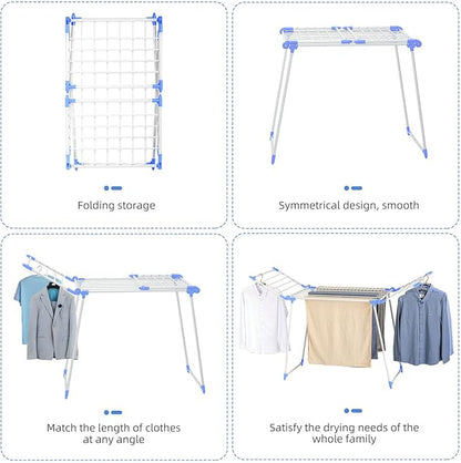 Clothes Drying Rack, Gullwing Laundry Rack, Collapsible, Space-Saving Laundry Rack, with Bonus Sock Clips, for Clothes, Towels, Linens, Indoor/Outdoor, Blue