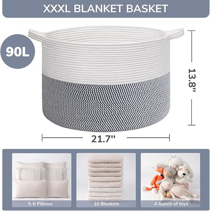 INDRESSME XXXLarge Cotton Rope Basket 21.7" x 21.7" x 13.8" Woven Baby Laundry Baskets Blanket Basket Toy Baskets with Handle Storage Comforter Cushions Navy Laundry Hamper