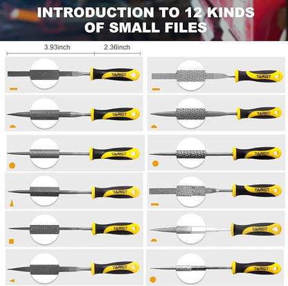 19PCS Metal & Rasp File Set with Tool Bag, Includes Flat/Half-Round/Round/Triangle steel file, Half-Round wood file, 4 Way File and 12pcs Needle Files, Work for Metal, Wood and more
