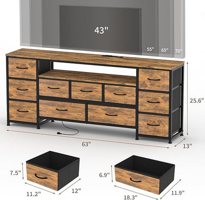 11 Drawer Dresser for with Power Outlets and LED Lights, 63 Inch TV Stand for 65, 70 Inch TV, Entertainment Center with Storage, Wide Chest of Drawers with Open Shelves for Living Room, Bedroom