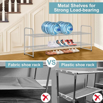 AOODA 2 Tier Long Metal Shoe Rack for Closet Wide Stackable Shoe Storage Organizer 18-Pairs Low Small Sneaker Rack for Entryway, Bedroom, Garage, Grey
