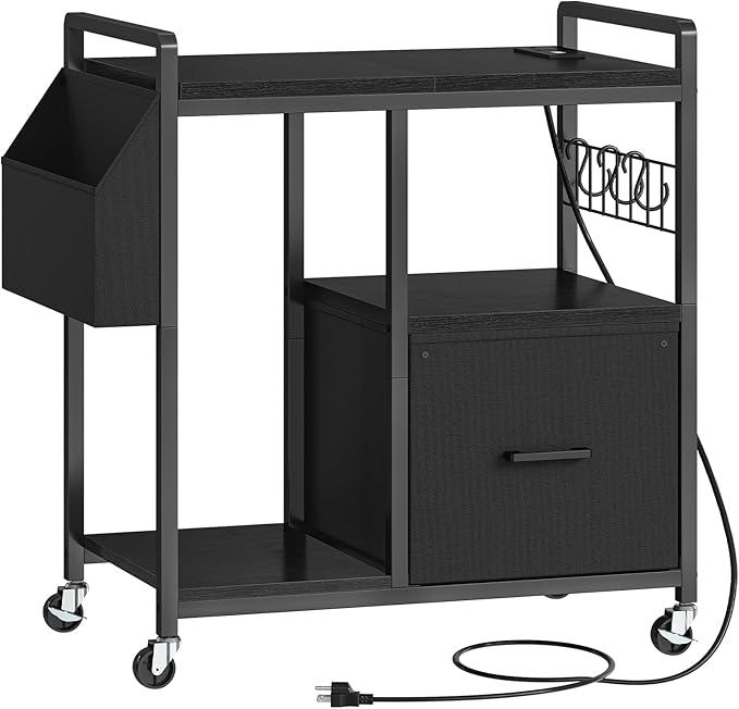 HOOBRO Printer Stand with Charging Station, Printer Shredder Stand with Wheels and File Drawer, Industrial Printer Cart, Mobile Table with Fabric Storage Pouch, for Home Office, Black BB09UPS01
