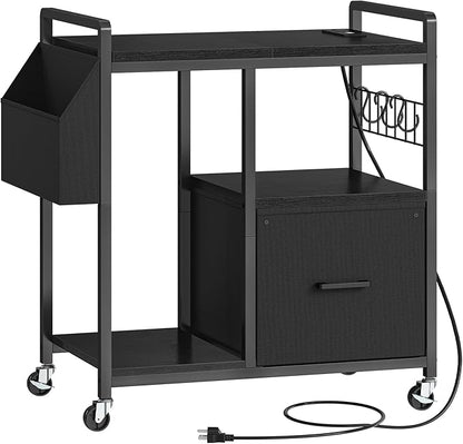 HOOBRO Printer Stand with Charging Station, Printer Shredder Stand with Wheels and File Drawer, Industrial Printer Cart, Mobile Table with Fabric Storage Pouch, for Home Office, Black BB09UPS01
