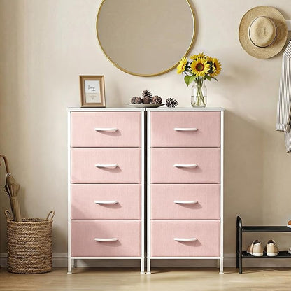 Sweetcrispy Nightstand Small Bedroom Dresser with 4 Fabric Drawers,Bed Side Furniture End Table,Wooden Top Cabinet Night Stand Dresser for Closet,Entryway,Dorm,Pink