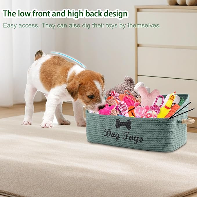 Dog Toy Basket-100% Cotton Rope Dog Toy Bin for Living Room Area-Trapezoid Pet Toys Box with Sturdy Handle-Puppy Bed-Dog Stuff Organizer for Toys,Collar,Leash,Blanket-Chew Proof -Green