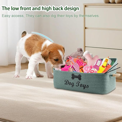 Dog Toy Basket-100% Cotton Rope Dog Toy Bin for Living Room Area-Trapezoid Pet Toys Box with Sturdy Handle-Puppy Bed-Dog Stuff Organizer for Toys,Collar,Leash,Blanket-Chew Proof -Green