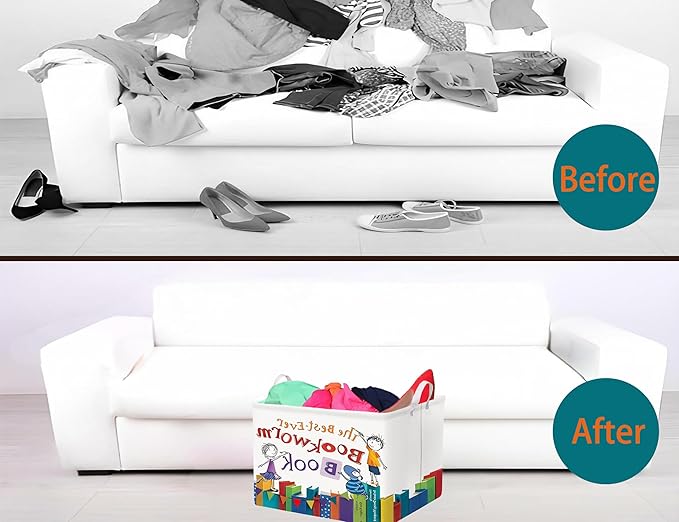 Large Kids Book Storage Bin Collapsible Nursery Toy Basket Canvas Teacher Crate Room Classroom Box Organizer Decor(Color Book)