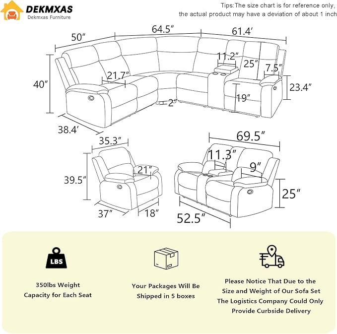Living Room Furniture Sets, Corduroy Sectional Couch, 5PCS Brown Manual Reclining Sectional Sofa Set and Loveseat Chair with 5 Recliner Seats,Drop-Down Table,Cup Holders,Storage Console