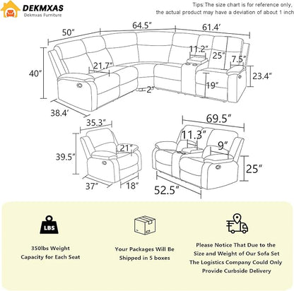 Living Room Furniture Sets, Corduroy Sectional Couch, 5PCS Brown Manual Reclining Sectional Sofa Set and Loveseat Chair with 5 Recliner Seats,Drop-Down Table,Cup Holders,Storage Console