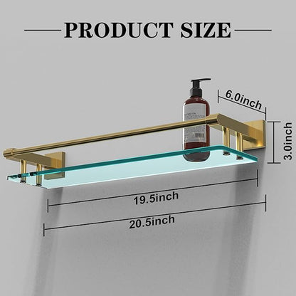 Glass Shelf for Bathroom, 20 Inch Tempered Glass with Brushed Gold Stainless Steel Railing, Floating Glass Shelves Sink Over Toilet Modern Bathroom