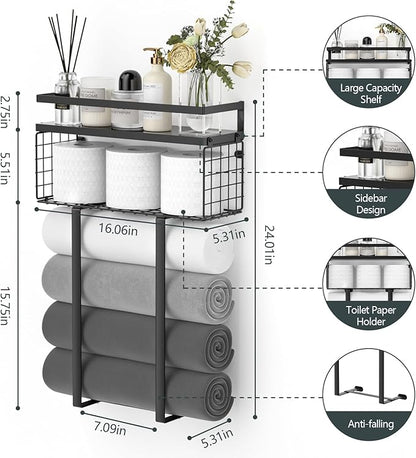 Towel Racks for Bathroom, Metal Towel Holder with Storage Basket,Wall Towel Rack for Rolled Towels, Towel Storage for Small Bathroom,Black