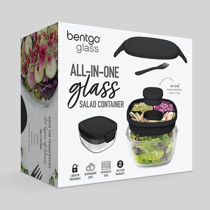 Bentgo Glass Salad Container - 7.6-Cup Salad Bowl with Airtight Lid, Leak-Proof Sauce Container, 4-Compartment Bento Tray & Reusable Fork - BPA-Free for Meal Prep, Office & More (Black Onyx)