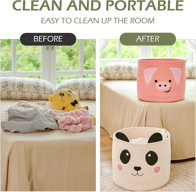 OMERAI Animal Baskets Cotton Rope Woven Storage Basket for Toys Blankets Laundry Nursery, Large Foldable Organizer with Cute Pig Design and Handles, 15"D x 12.6"H (Pink)