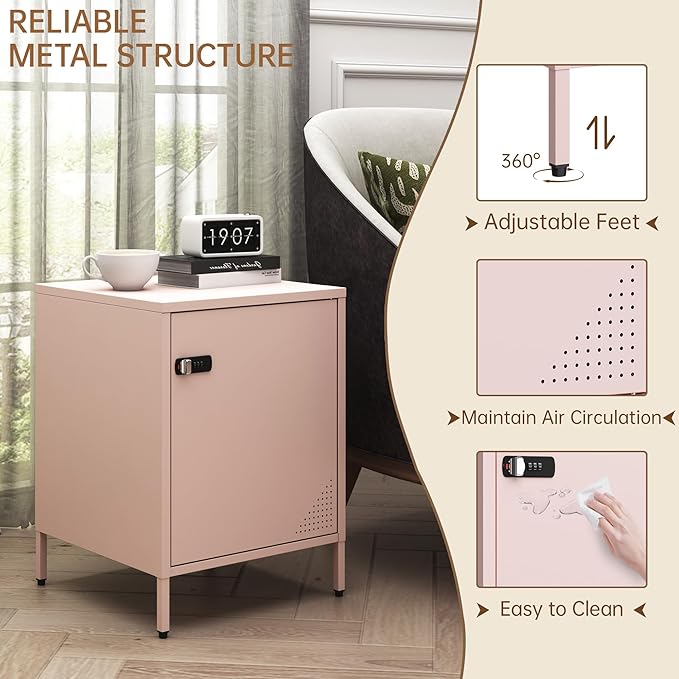 Metal End Table Single Door Bedside Nightstand Lockable Storage Cabinet Kids Locker for Living Room, Bedroom, Dorm,Home, Office 21.26”H X 15.75”W X 15.75”D (1 Door, Pink)