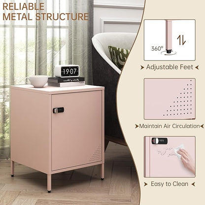 Metal End Table Single Door Bedside Nightstand Lockable Storage Cabinet Kids Locker for Living Room, Bedroom, Dorm,Home, Office 21.26”H X 15.75”W X 15.75”D (1 Door, Pink)