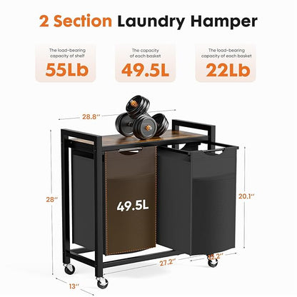 DUMOS Laundry Hamper with 2 Pull-Out Removable Sorter Bags, Movable Wheels, Freestanding Clothes Basket Organizer in Bathroom, 2 × 13.1Gal (99L) Capacity, Rustic Brown and Black