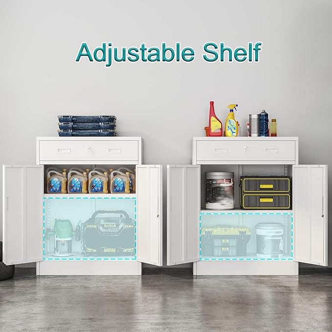 CMY Metal Storage Cabinet, Locking Storage Cabinet with 1 Drawer and Adjustable Shelf, 36.2" H x 28" W x 16" D Metal Cabinet for Office, Garage, Home-White