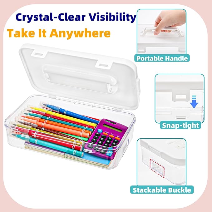 2 Pack Plastic Storage Containers with Lid, Stack & Carry Craft Box with Handle, Multipurpose Office Supplies Organizers, Potable Pencil Storage Bin for Stationery, Crayons, Sewing, Makeup