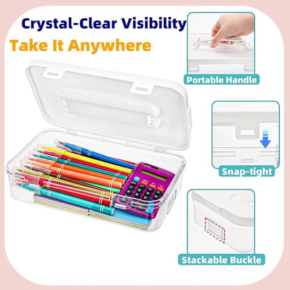 2 Pack Plastic Storage Containers with Lid, Stack & Carry Craft Box with Handle, Multipurpose Office Supplies Organizers, Potable Pencil Storage Bin for Stationery, Crayons, Sewing, Makeup