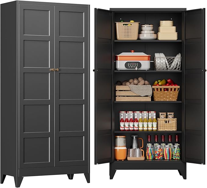 72" Tall Kitchen Cabinet Storage Unit With 2 Doors and 4 Adjustable Shelves, Metal Black Freestanding Cupboard, 5 Tier Kitchen Pantry Storage Cabinet for Kitchen Dining/Living Room/Garage/Home/Office
