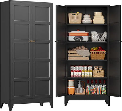 72" Tall Kitchen Cabinet Storage Unit With 2 Doors and 4 Adjustable Shelves, Metal Black Freestanding Cupboard, 5 Tier Kitchen Pantry Storage Cabinet for Kitchen Dining/Living Room/Garage/Home/Office