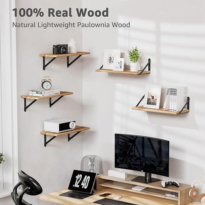 Wall Shelves 7.3" Deep Set of 4, Solid Paulownia Wood Wider Longer Sturdy Easy to Install Wall Mounted Bookshelves Storage Shelves Bathroom Home Office Laundry Room Bedroom Organizer