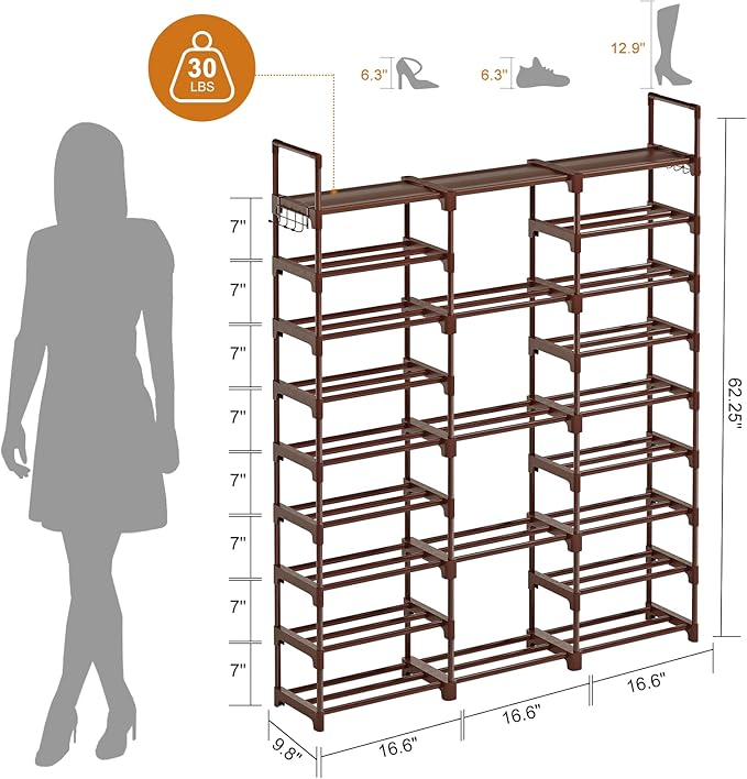 WOWLIVE 9 Tiers Shoe Rack Shoe Storage Shoe Organizer 30-35 Pairs Shoe Tower Unit Shelf Durable Metal Pipes with Plastic Connectors Stackable Cabinet Brown