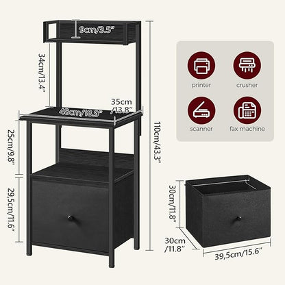 Printer Table with Storage, Home Printer Stand with File Cabinet, Fits A4/Letter Size Files, Printer Cabinet with Large Tabletop, Display Shelf, for Home Office, Black PTBK3501