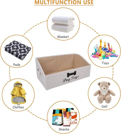 Large Dog Toy Basket Collapsible Dogs Toy Box Fabric Trapezoid Dog Toys Bin Storage for organizing pet Toys/Blankets/leashes/Rope Toys/Clothing-Can be Personalized-Slub Beige