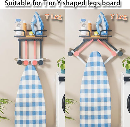 Ironing Board Hanger Wall Mount with Natural Wood-Texture Shelf, Adjustable Iron Board Holder for T & Y Leg Boards, Heavy Duty Laundry Room Organization and Storage Rack, Black