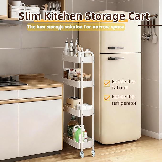 4 Tier Slim Kitchen Storage Cart for Narrow Space, 7.1'' Wide Metal Rolling cart with Wheels and Lockable Casters, Sturdy Mobile Thin Shelf for Laundry Room Between Washer and Dryer, White