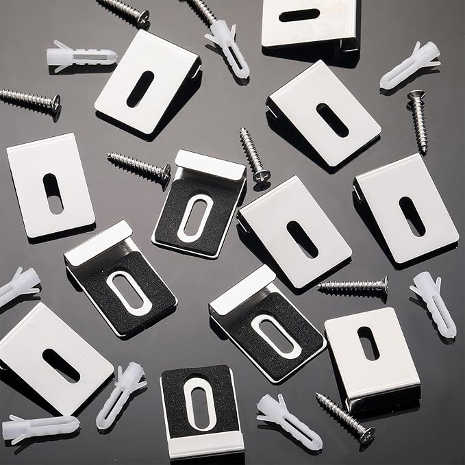 12 Pcs Metal Mirror Holder Clips for Wall Mounting Heavy Duty Frameless Mirror Hangers Hooks Hardware Mounting Clip for Wall Tile Billboard Display(Silver,1/4 Inch)