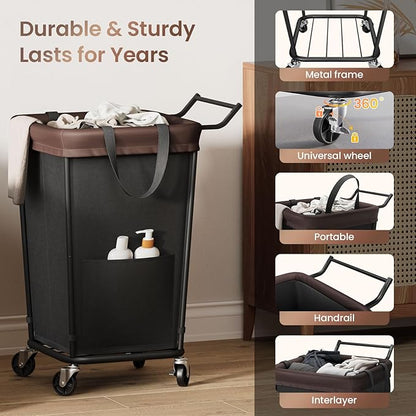 160L Laundry Hamper with Wheels and Handle, 2-Section Rolling Hamper for Laundry, Large Laundry Basket with Wheels, Rolling Laundry Basket Clothes Hamper for Home, Bathroom and Dorm(Black)