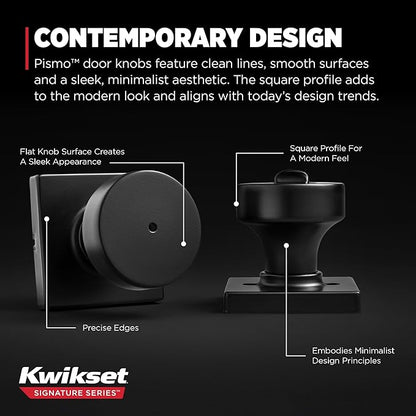 Kwikset Pismo Interior Privacy Door Knob with Lock,Door Handle for Bathroom and Bedroom,Matte Black Keyless Turn Lock Doorknob,with Microban Protection,(Pack of 10)