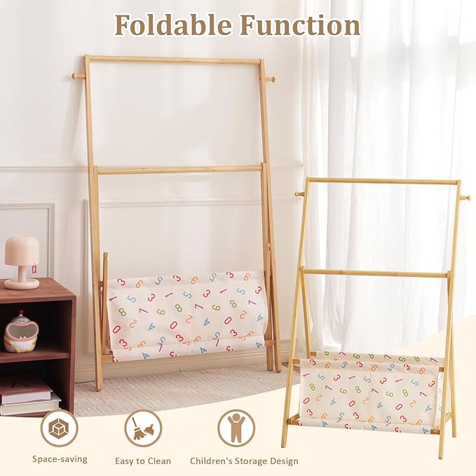 Kids Clothing Rrack- Kids Dress Up Rack for Little Girls, Bamboo Kids Clothes Rack, Toddler Dress Up Storage Rack & Folding Costume Rack, Double Rods, Pets Clothes Rack with Storage, Number