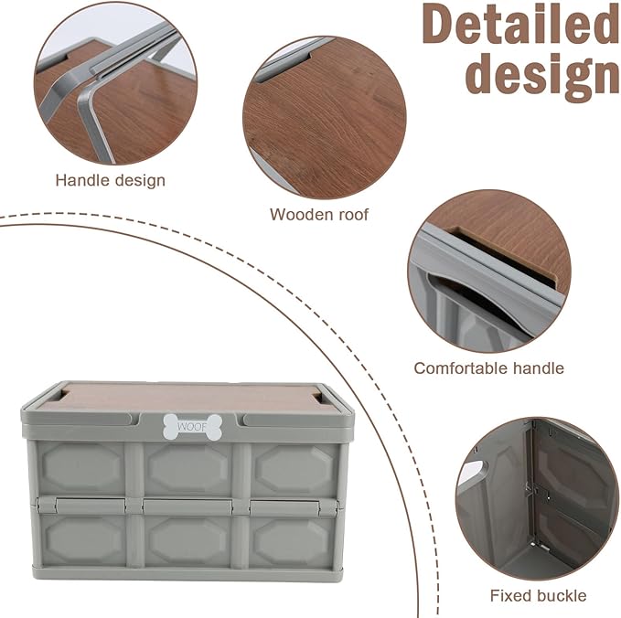 Outdoor Dog Toy Bin wtih Handles,Collapsible Dog Stuff Organizer Portable,Pet Storage Basket with Wood Cover for Dog Toys/Snack/Camping Essentials,Ideal for Car Trunk,RV Trip,Picnic-Gray