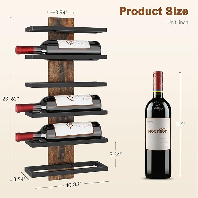Hoctieon 2-Set 6 Tier Wall Mount Wine Rack, Wall Mounted Wine Bottle Racks for Display and Storage, Hanging Bottle Holder, for Living Room, Dining Room, Bar, Wine Cellar, Rustic Brown